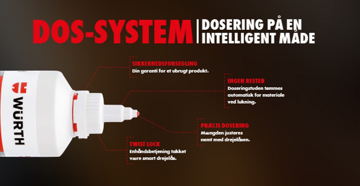 DOS-systemet er en intelligent løsning for dig, som kræver nem og præcis dosering uden nogle dikkedarer. Den smarte drejelås/twist lock gør, at du nemt kan betjene tuberne med en enkelt hånd, og samtidig justere den doserede mængde, så den passer præcist til opgaven. Så undgår du overforbrug og spildte materialer. Med DOS slipper du også for indtørrede rester i tubens spids, da tuden automatisk tømmes ved lukning. Desuden leveres samtlige af vores DOS-produkter med sikkerhedsforsegling – din garanti for et ubrugt produkt.